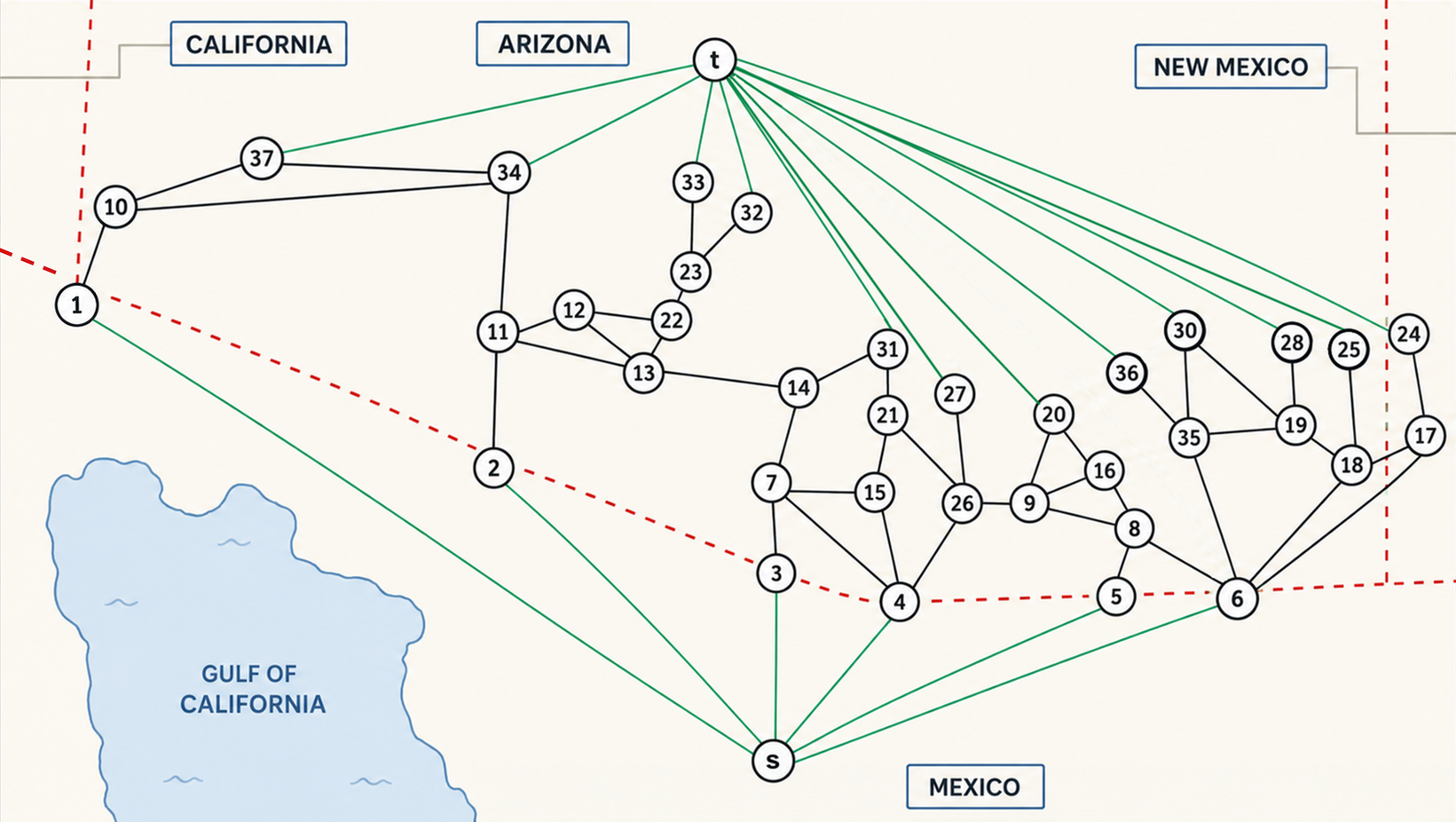 Arizona–Mexico infiltration network with numbered nodes and the Gulf of California